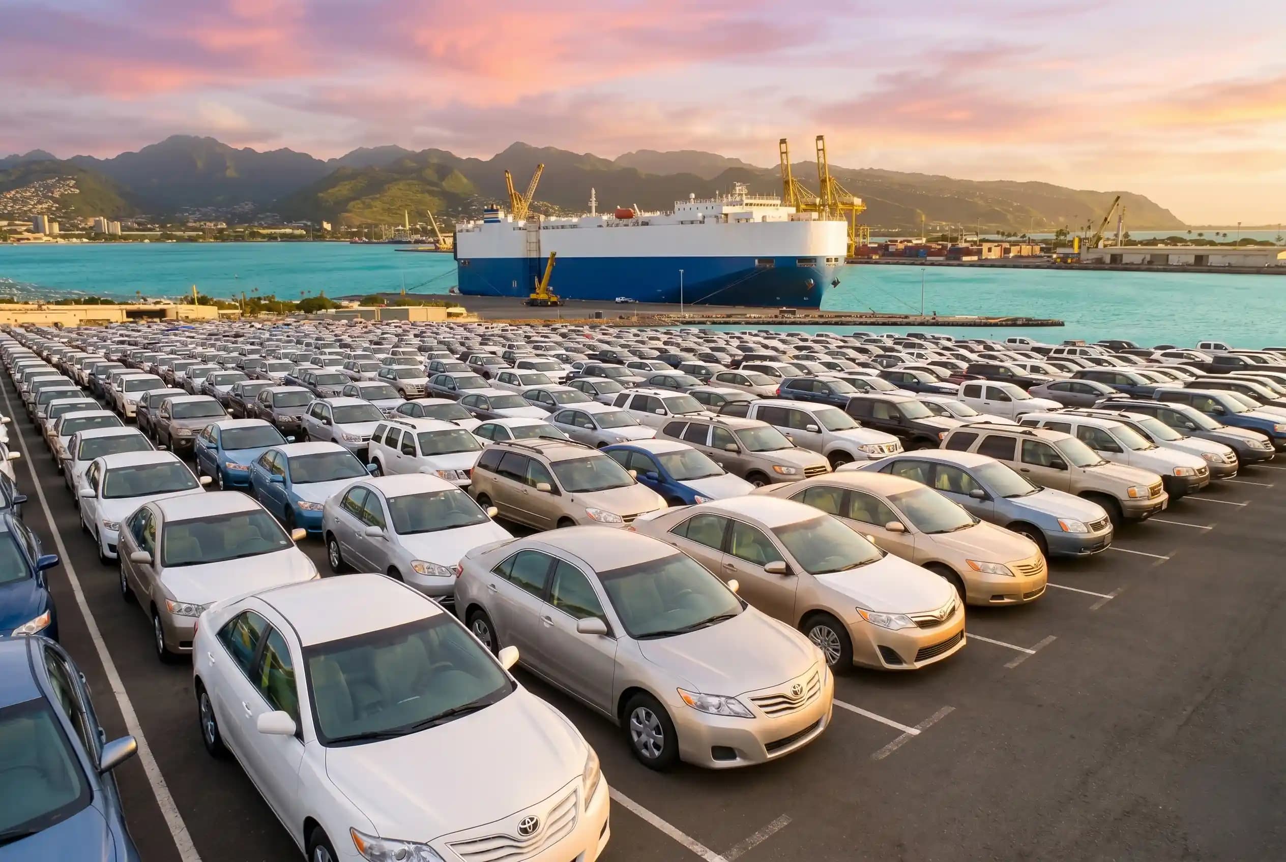 Honolulu harbor aerial view — the transfer point for vehicles shipping to Oahu