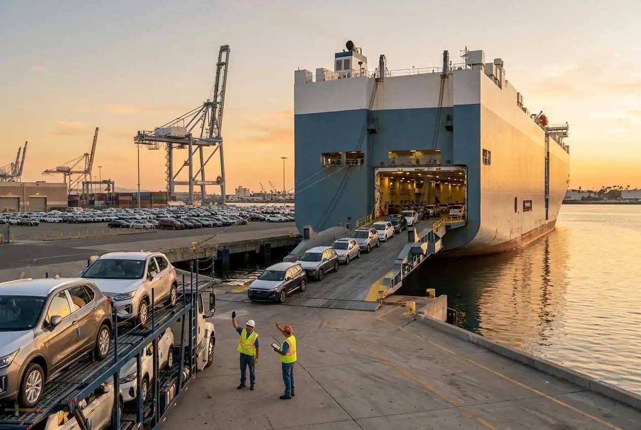 Vehicles lining up to board a roll-on/roll-off vessel — the ocean leg of a Hawaii to mainland shipment