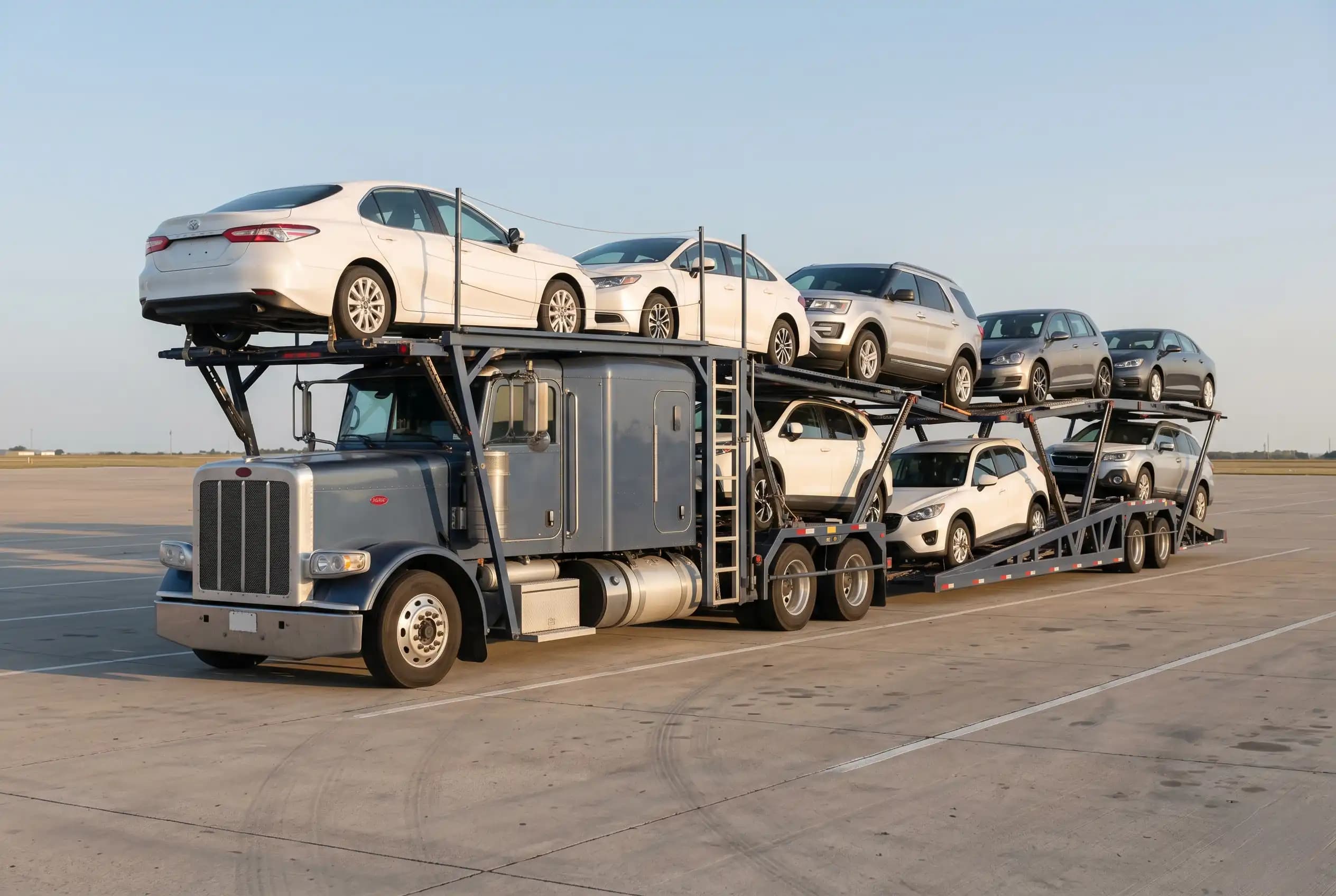 Auto transport carrier truck hauling vehicles — the overland leg from Oklahoma to the Port of Long Beach