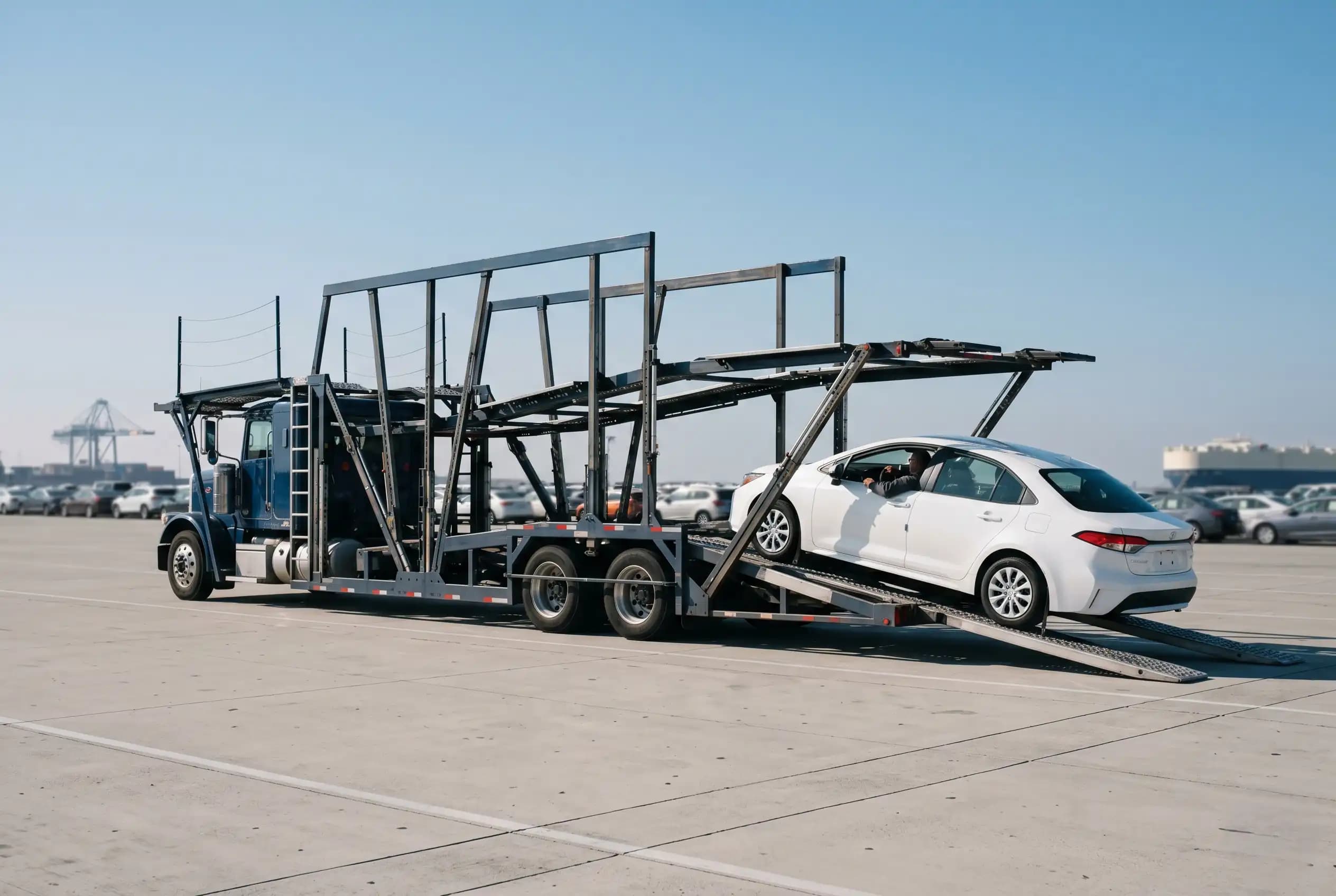 Auto transport carrier loading a customer's vehicle for the overland leg to the Matson terminal