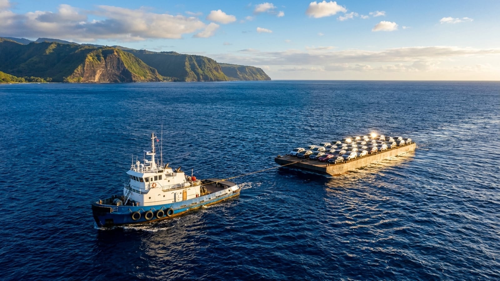 A tugboat tows a barge loaded with passenger cars across the channel between two Hawaiian islands in late-afternoon light, green sea cliffs on the horizon.