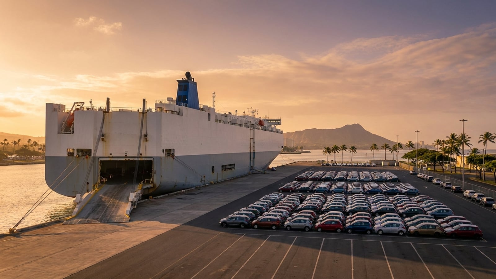 A roll-on/roll-off car carrier with its stern ramp down at a Honolulu pier at sunset, rows of passenger cars waiting on the dock and Diamond Head in the distance.